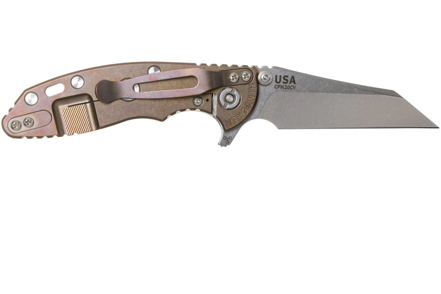 Rick Hinderer XM18 3” Wharncliffe CPM 20CV Stonewash, Bronze, Translucent G10, Couteau De Poche 4 Rick Hinderer XM18 3” Wharncliffe CPM 20CV Stonewash, Bronze, Translucent G10, Couteau De Poche – Image 2