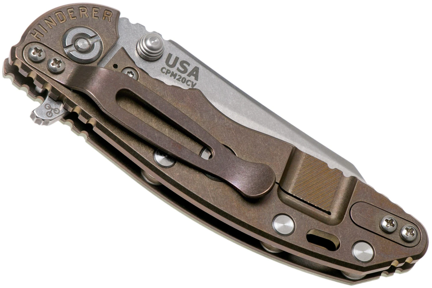 Rick Hinderer XM18 3” Wharncliffe CPM 20CV Stonewash, Bronze, Translucent G10, Couteau De Poche 6 Rick Hinderer XM18 3” Wharncliffe CPM 20CV Stonewash, Bronze, Translucent G10, Couteau De Poche – Image 4